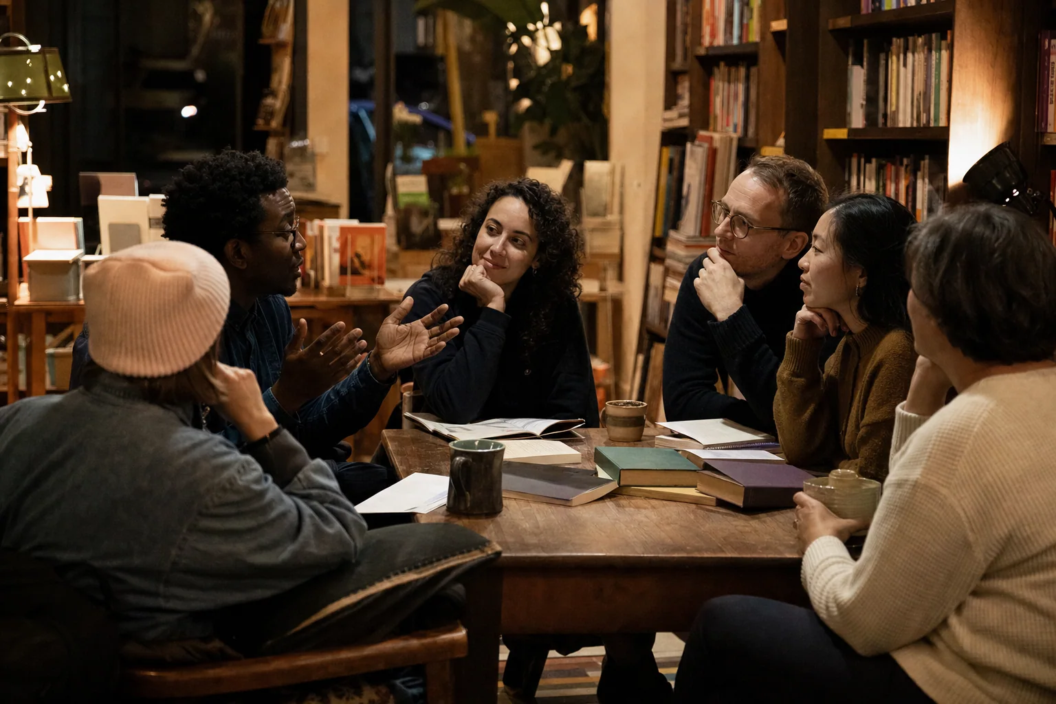 Readers discussing a book at an evening shop event