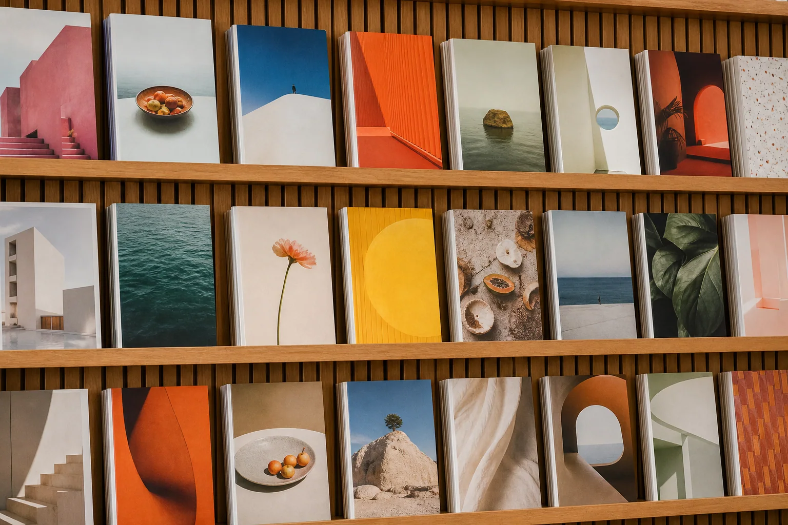 A curated wall of independent magazines